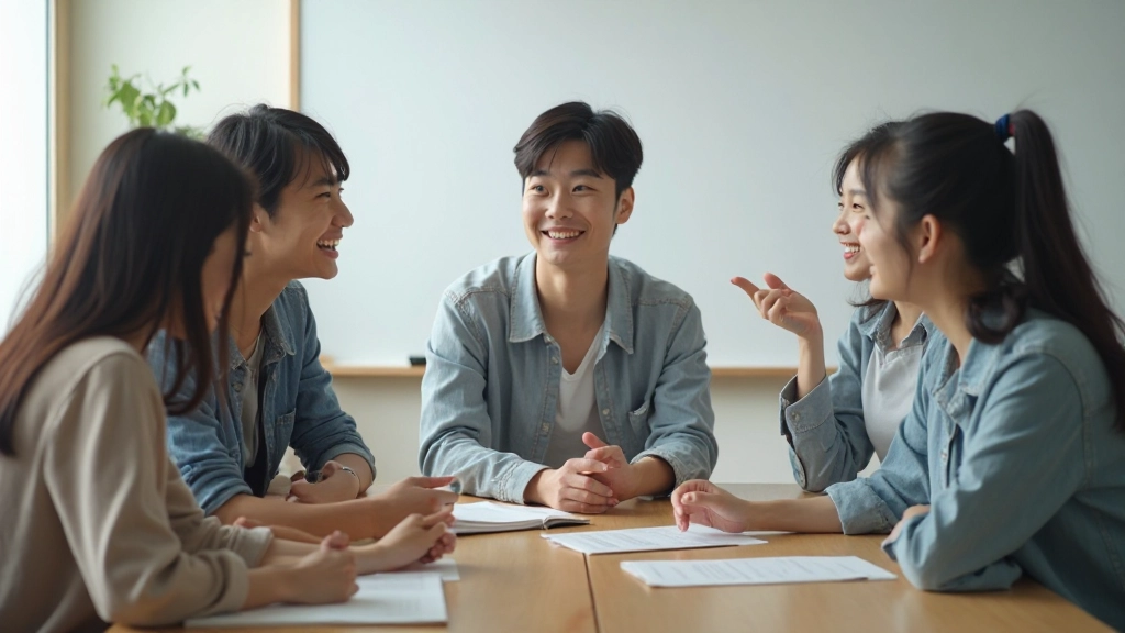 Students engaged in animated discussion and knowledge sharing around a table in bright classroom environment