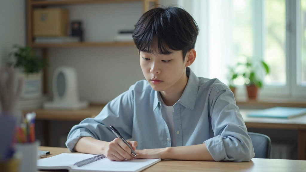 Student studying with focused concentration at organized desk workspace