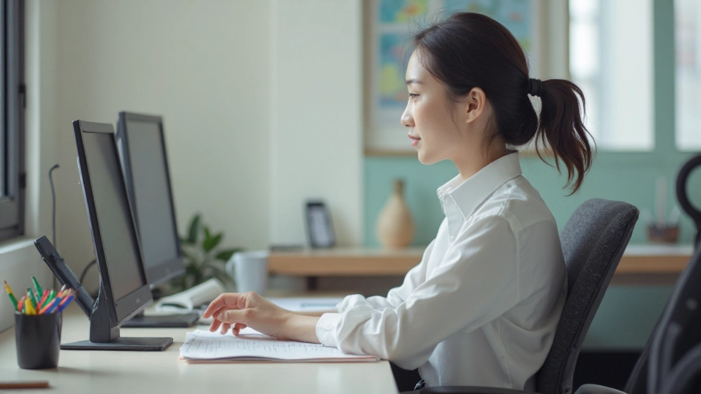 Ergonomically optimized desk setup showing proper monitor height, chair positioning, and keyboard placement