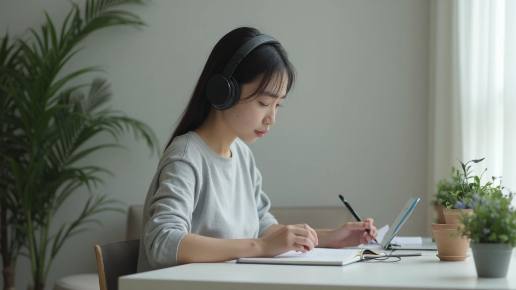 Peaceful quiet study environment with headphones, sound-dampening materials, and organized minimal aesthetic